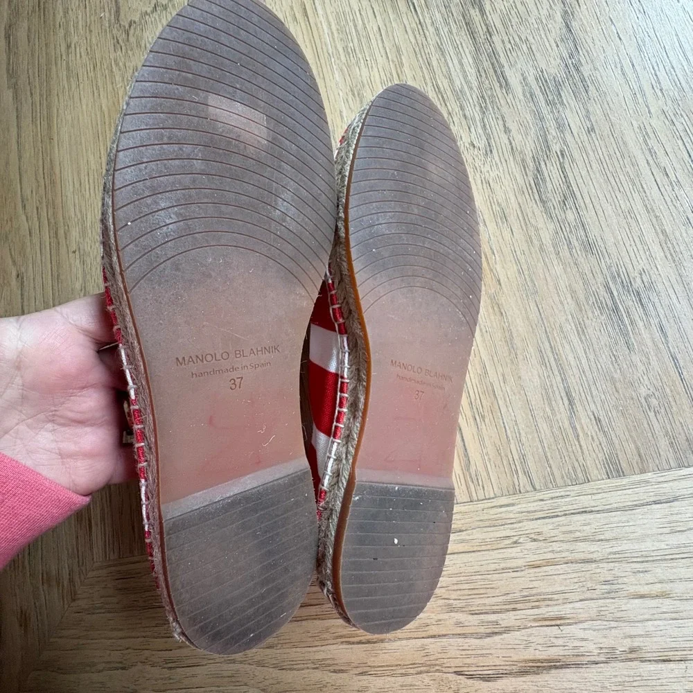 $645‎ MANOLO BLAHNIK Sombrille Canvas Espadrille Red White Stripe Shoe US7/EU37